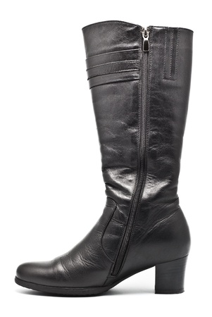 black leather female boots isolated on whiteの写真素材