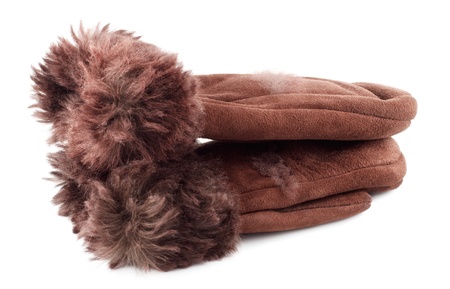 fur suede mittens isolated on white backgroundの写真素材