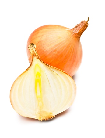 two yellow onions isolated on white backgroundの写真素材