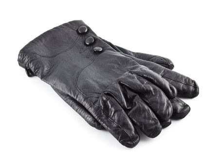 pair of black female's leather gloves isolated on whiteの写真素材