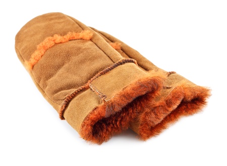 fur suede mittens isolated on white backgroundの写真素材