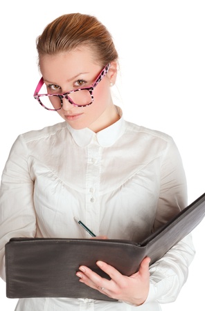 strict teacher with class book isolated on whiteの写真素材