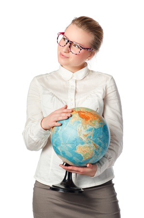 pretty teacher with globe dreaming about somethingの写真素材