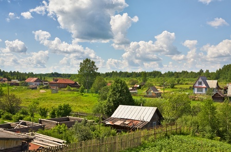 russian village at sunny summer day, high angle viewの写真素材