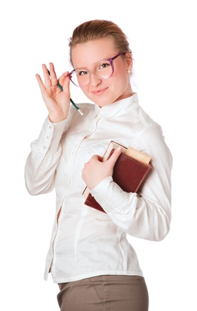 cute teacher with big book isolated on whiteの写真素材