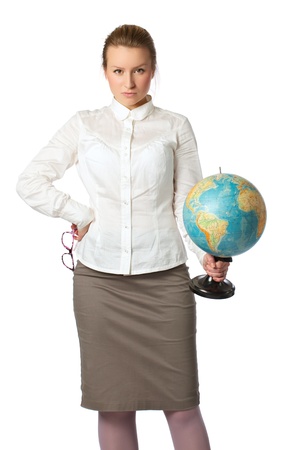 angry teacher with globe looking, white backgroundの写真素材
