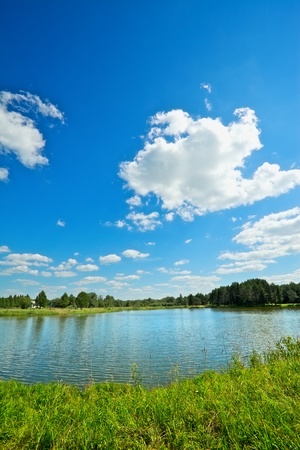 summer landscape with lake at sunny dayの写真素材
