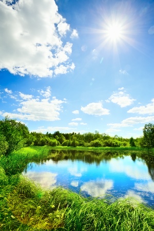 summer landscape with lake at sunny dayの写真素材