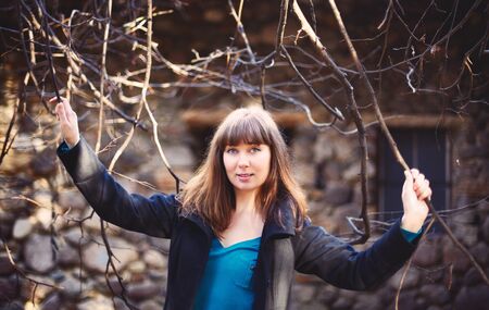 beautiful russian girl with brown hair, outdoor portraitの写真素材