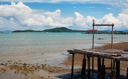 old small pier with swing on Koh Lanta Island, Krabi, Thailandの写真素材