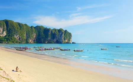 Ao Nang beach with boats, in Krabi, Thailandのeditorial素材