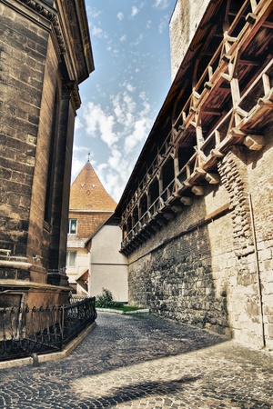 narrow cozy street of old town Lviv, Ukraineの写真素材