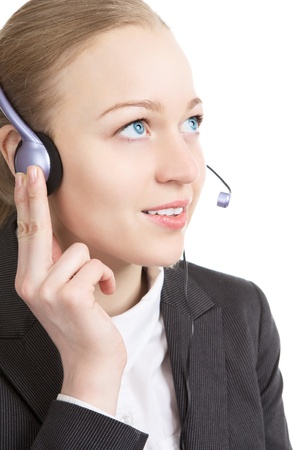 businesswoman talking with clients on headset, isolated on whiteの写真素材