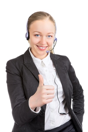 businesswoman with headset thumbs up, isolated on whiteの写真素材