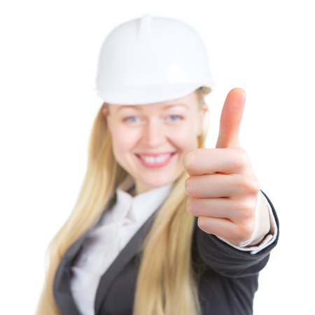 engineer woman thumbs up, isolated on whiteの写真素材
