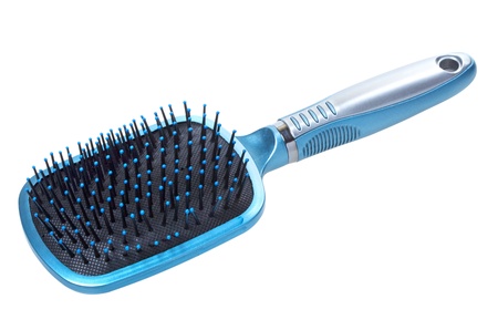 blue hair brush isolated on white backgroundの写真素材