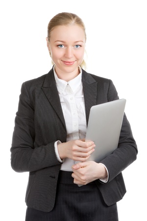 happy business woman with laptop, isolated on whiteの写真素材