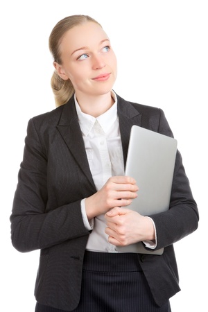 happy business woman with laptop, isolated on whiteの写真素材
