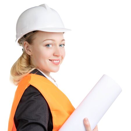 engineer woman with drawing, isolated on whiteの写真素材