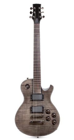 black electric guitar isolated on white backgroundの写真素材