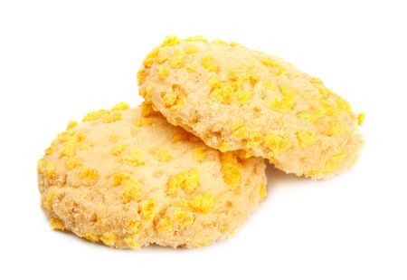 homemade cookies with cornflake pieces isolated on whiteの写真素材