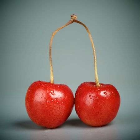 fresh pink cherries with stem on gray backgroundの写真素材