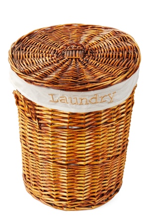 wooden laundry basket isolated on white backgroundの写真素材