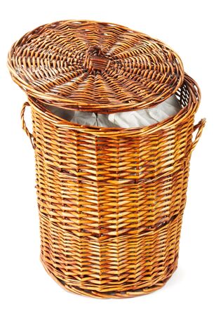 wooden laundry basket isolated on white backgroundの写真素材