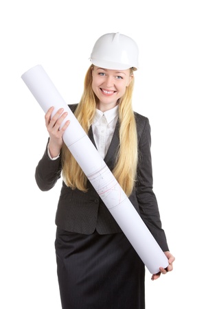 engineer woman with drawing, isolated on whiteの写真素材