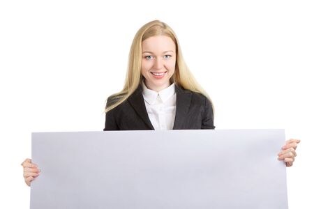 young business woman holding empty white boardの写真素材