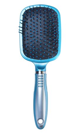 blue hair brush isolated on white backgroundの写真素材