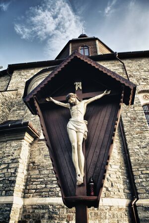 crucifix in Kamenetz-Podolsk church, Ukraine, low angle viewの写真素材
