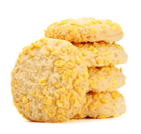homemade cookies with cornflake pieces isolated on whiteの写真素材