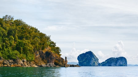 tall cliff with trees at Andaman Sea, Thailandの写真素材