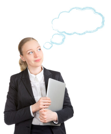 happy business woman with laptop, isolated on whiteの写真素材