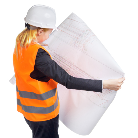 engineer woman with drawing turn out, isolated on whiteの写真素材