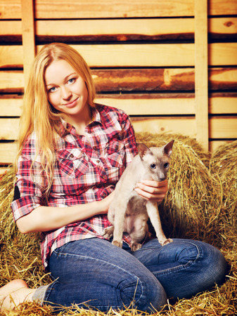 beautiful girl with cat on hayloft at summer dayの写真素材