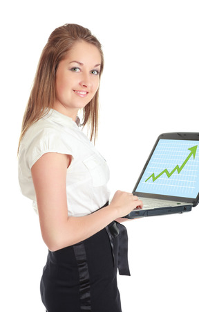 happy business woman with laptop, isolated on whiteの写真素材