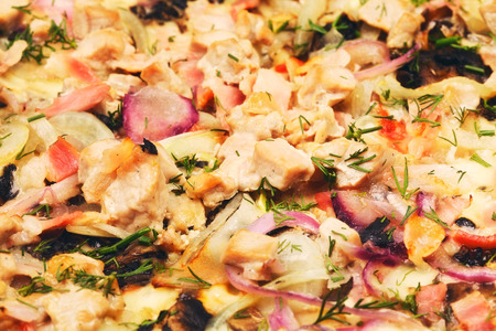 fresh delicious italian pizza with pork, close upの写真素材