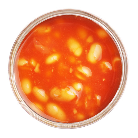 opened tincan with beans in tomato sauce, isolated on whiteの写真素材