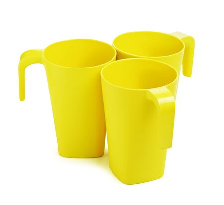 three green bamboo mugs, isolated on whiteの写真素材