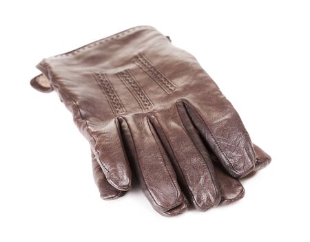 pair of brown men's leather gloves, isolated on whiteの写真素材