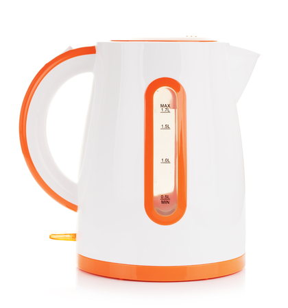 plastic electric kettle, isolated on white backgroundの写真素材