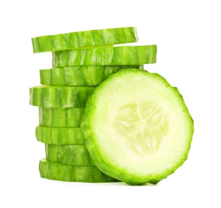 fresh sliced cucumber, isolated on white backgroundの写真素材