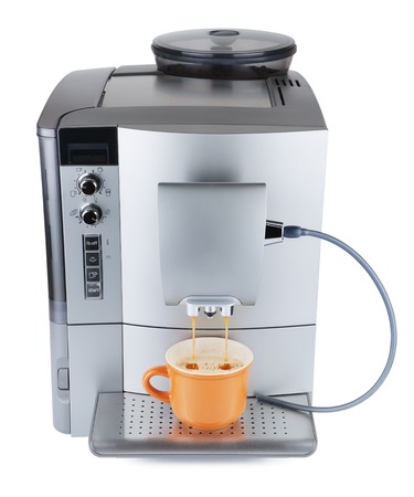 cappuccino machine with cup of coffee, isolated on whiteの写真素材