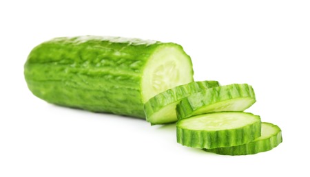fresh sliced cucumber, isolated on white backgroundの写真素材