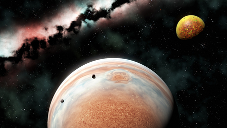 gas giant planet and volcanic moon (like Jupiter and Io), 3d renderの写真素材