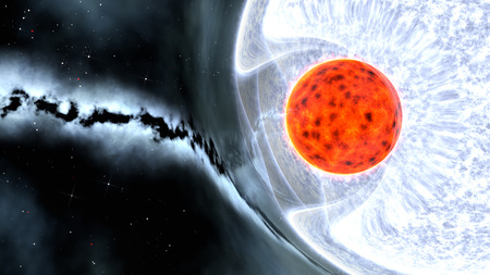 binary star system with red dwarf and blue giant and gravitational lensing effect, 3d renderの写真素材