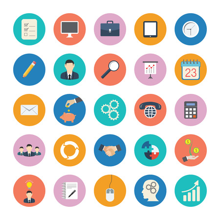 Modern flat icons vector collection in stylish colors of business elements, office equipment and marketing items.