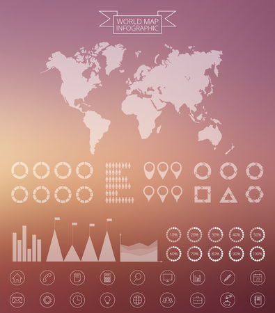 Vector world map illustration and infographics design template. Template for presentation. Linear graphic. Blur vector backgroundのイラスト素材